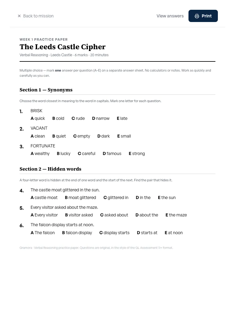 A printable Week 1 practice paper — synonyms and hidden words sections